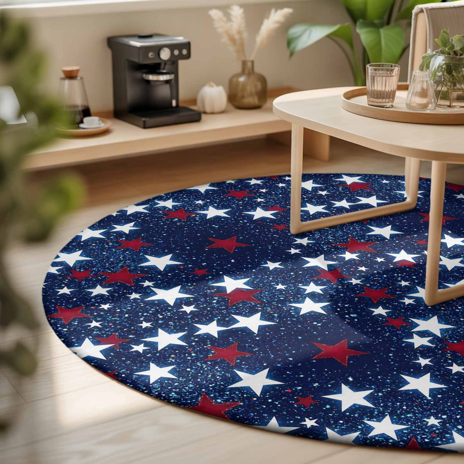 Round Area Rugs 5Ft, Independence Day Non-Slip Washable Circle Rugs Carpet, Blue Red White Stars Watercolor Indoor Outdoor Rug Floor Mats Throw Runner for Bedroom Living Room Bathroom