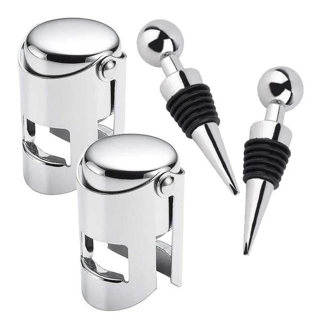 Wine Bottle Stopper, 2 pieces of wine bottle stopper and 2 pieces of champagne bottle stopper. Includes two silver stainless steel champagne stoppers with a rounded top and two wine stoppers featuring a tapered design with black silicone rings for an airtight seal. Suitable for preserving wine and champagne freshness, made of food-grade silicone and stainless steel. Perfect for bar tools, wine accessories, home bars, restaurants, or gifting occasions.