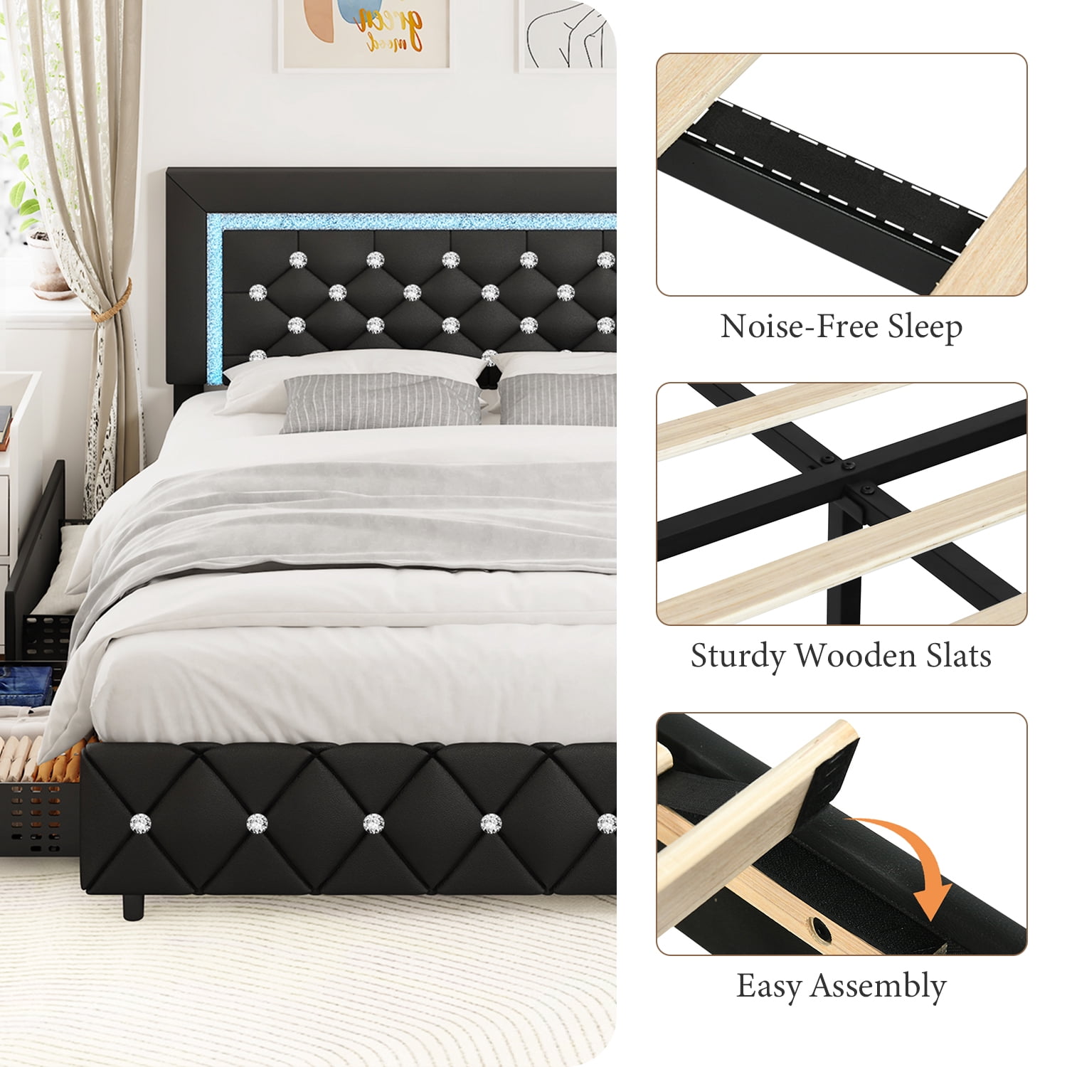 4 EVER WINNER Full Size LED Bed Frame with 4 Drawers, Black Full Bed Frame with LED Light Headboard, Modern Upholstered Bed with Diamond Headboard and Footboard, Black