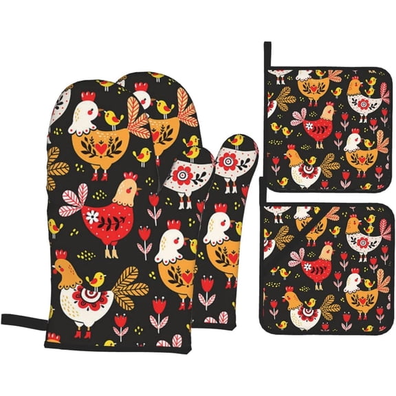 Cute Rooster Chickens Oven Mitts and Pot Holders Set of 4, Fashion Heat Resistant Safe Cooking Baking Grilling BBQ Easy Washable Kitchen Accessories
