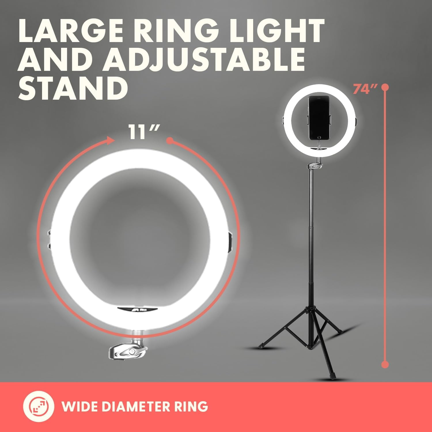 11’’ LED 12W Selfie Light with Wired Control, 3 Color Modes, 10 Brightness Levels, Tripod Stand with 6 Sections, Phone Holder, Adjustable Brightness Levels for Influencers, YouTube, TikTok