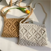 Women Crochet Shoulder Bag, Knitting Handmade Weaving Handbag, Simple Hollow Beach Bag,White