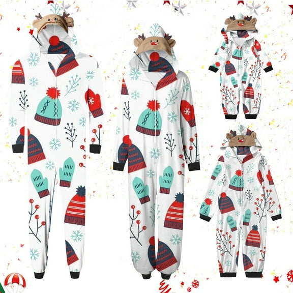 Odeerbi Matching Family Christmas Pajamas Sets Hooded Onesie Sleepwear Boys Girls Cute Xmas Hats Gloves Print Plush Jumpsuit 2025 Long Sleeve Parent-Child Loungewear Sleepwear Jammies for Kids