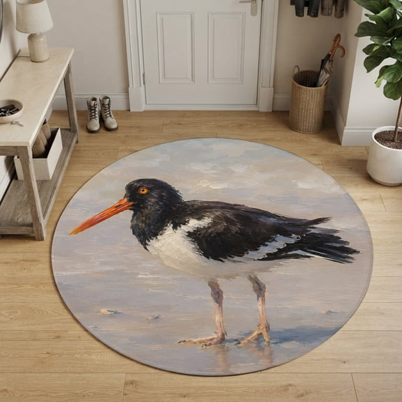 Coastal Oystercatcher Round Area Rug 4Ft Washable Circle Rugs for Bedroom Dining Room, Beach Ocean Black White Bird Non-Slip Carpet Floor Mats Indoor Outdoor Carpet Runner Aesthetic Home Decor