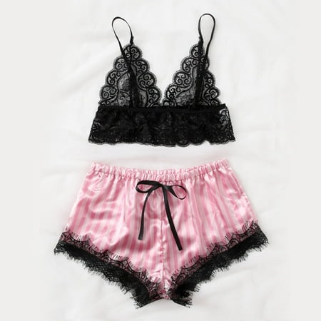 

NECHOLOGY 3pc Women Lace Bra Camisole Pajamas Sleepwear Shorts Lingerie Set Mom Bod Lingerie Underwear Pink Large