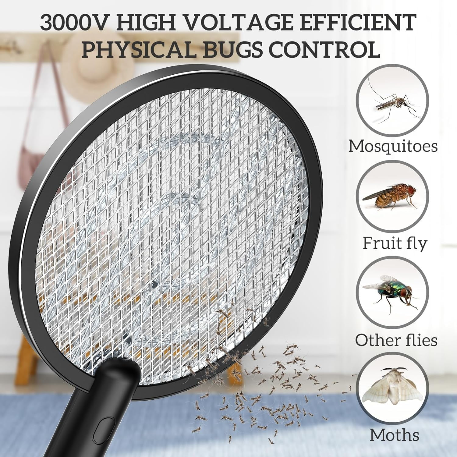 PALONE Electric Fly Swatter 3000V Bug Zapper Racket 2 in 1 Fly Swatter with 1200mAh Battery Rechargeable Mosquito Killer Lamp with 3 Layers Safety Mesh for Indoor and Outdoor