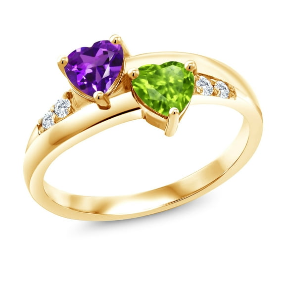 Gem Stone King 18K Yellow Gold Plated Silver Purple Amethyst Green Peridot and Lab Grown Diamond Ring for Women | 1.00 Cttw | Gemstone Birthstone | Heart 5MM | Size 5,6,7,8,9