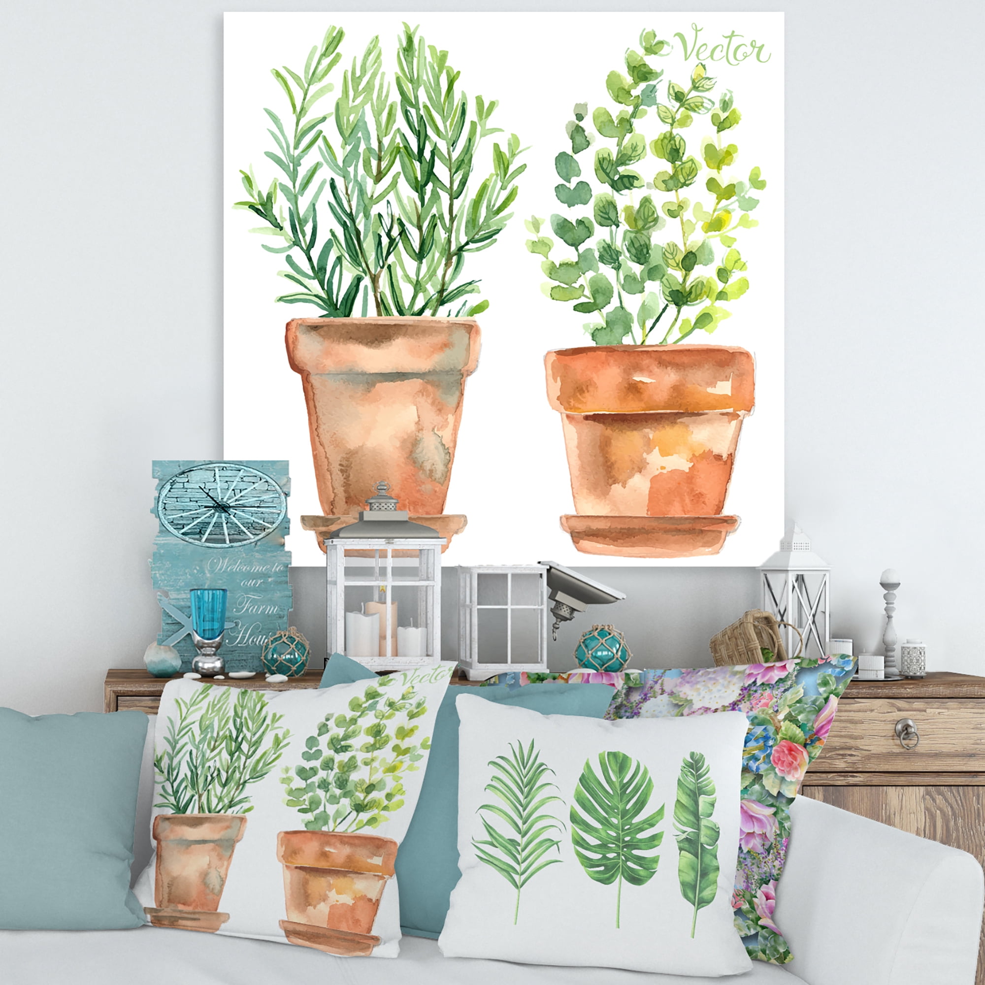 Designart ' Two Green House Plants In Orange Cly Pots ' Traditional Canvas Wall Art Print