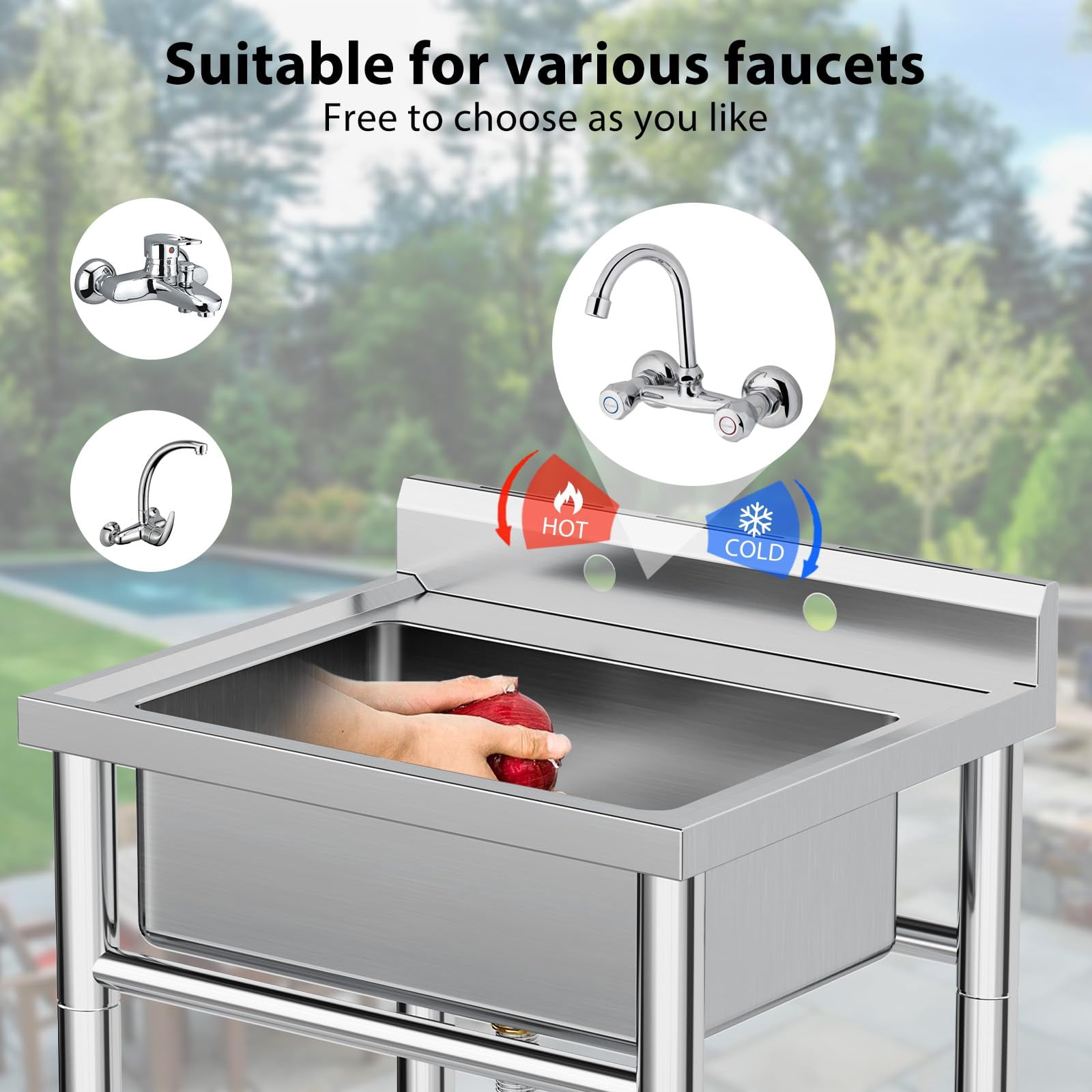 Free Standing Single Bowl Kitchen Sink w/Faucet & Storage Shelve, Utility Sink with Hot & Cold Hoses, NSF Certificated, Stainless Steel Sink for Laundry Room, Backyard, Restaurant