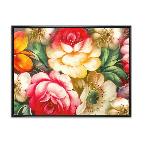 Red and Yellow Vintage Flowers 20 in x 12 in Framed Painting Canvas Art Print, by Designart