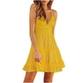 thumbnail image 1 of Robes d'Été pour Femmes à Col en V à Bretelles Spaghetti avec Nœud, Dos Nu, Sans Manches, en Dentelle, Mini Robe Patineuse Évasée, Robe Courte de Plage, 1 of 6