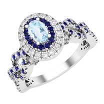 Dazzlingrock Collection 6X4mm Oval Aquamarine with Round Blue Sapphire & White Diamond Interweaving Double Halo Wedding Ring for Women in 10K White Gold, Size 7