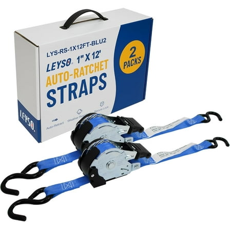 Leyso 1 Inch x 12 Ft Retractable Ratchet Straps, Auto Ratchet Straps with 1500 lbs Break Strength, Retractable Ratchet Tie Down Straps for Jet Skis, Motorcycles, Boats (2 Pack - Blue)