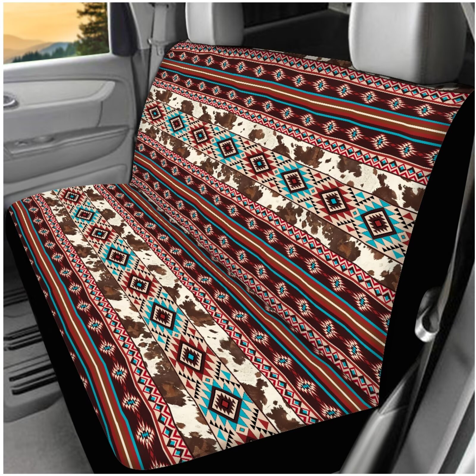 Yuyamidu 14 PCS Aztec Car Seat Cover Full Set Cow Print Steering Wheel Cover Seat Belt Pad Cover Coasters Armrest Cover Keychain Car Headrest Covers Decor Accessories