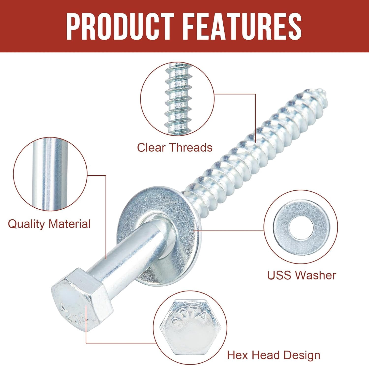 1/4" x 3" Lag Bolts (100 Pcs) 1/4 inch Lag Screws for Wood, Heavy Duty Hex Head with Washers, Zinc Plated