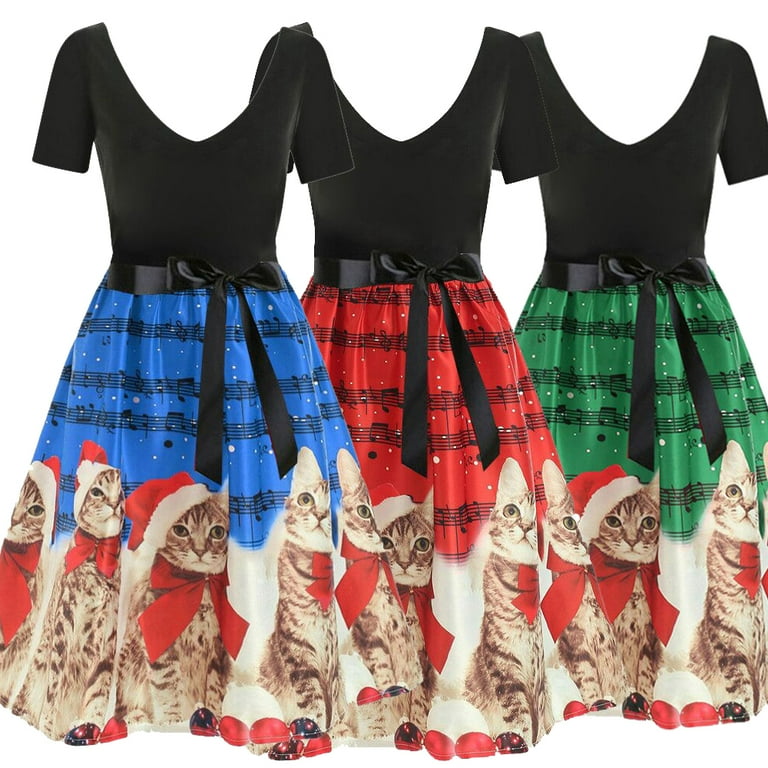 Christmas cats musical notes print sleeveless retailers dress