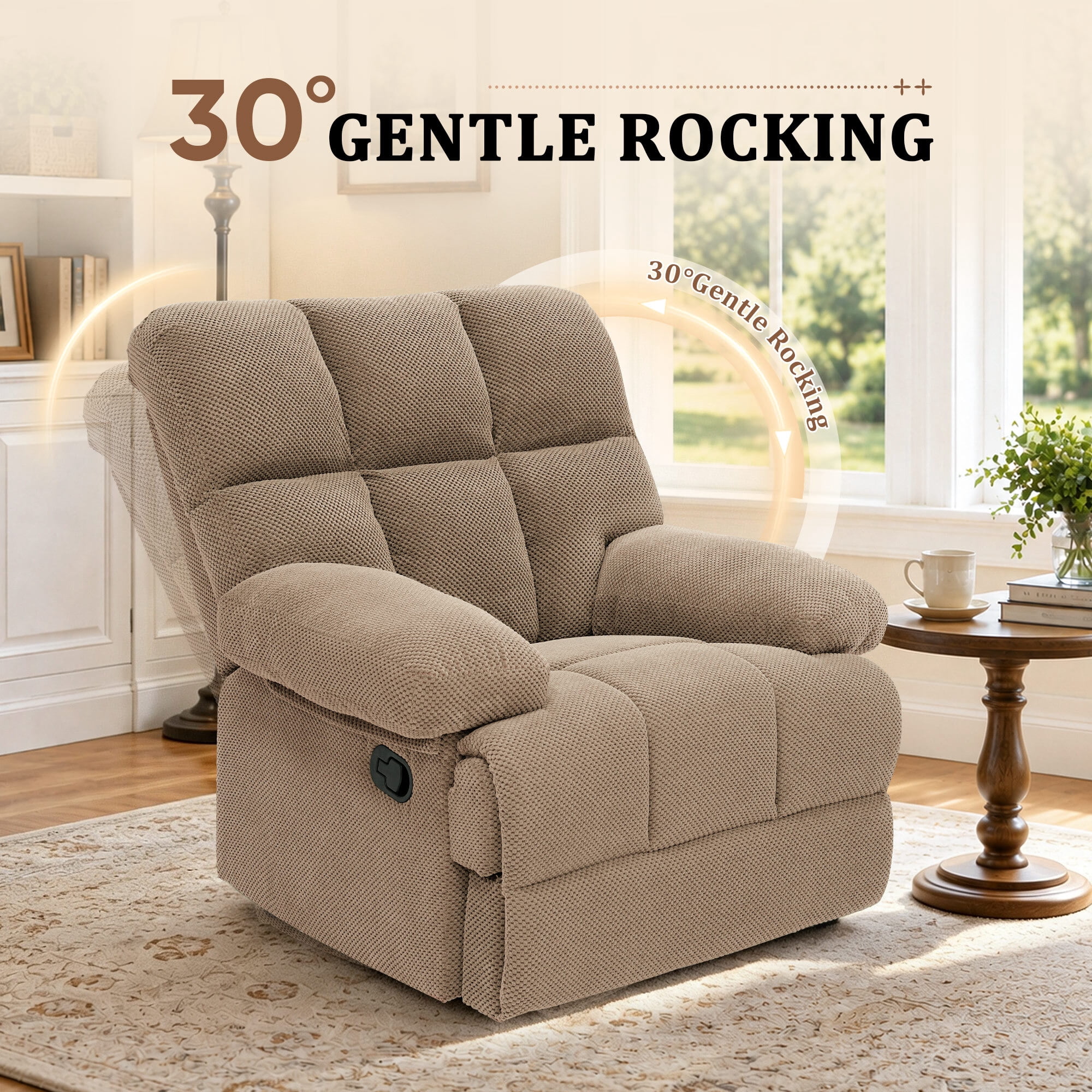 Lunale Manual Rocker Recliner for Home/Office, Adults Fabric Reclining Lounge Chair with Footrest, Camel Polyester
