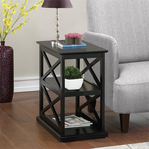 Coventry Chairside End Table with Shelves in Black Wood Finish and "X" Sides