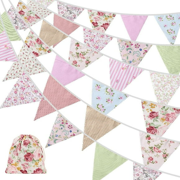 40Ft Fabric Bunting, 42Pcs Outdoor Bunting Banner,Floral Vintage Cotton Triple-cornered Flag for Garden Birthday Party