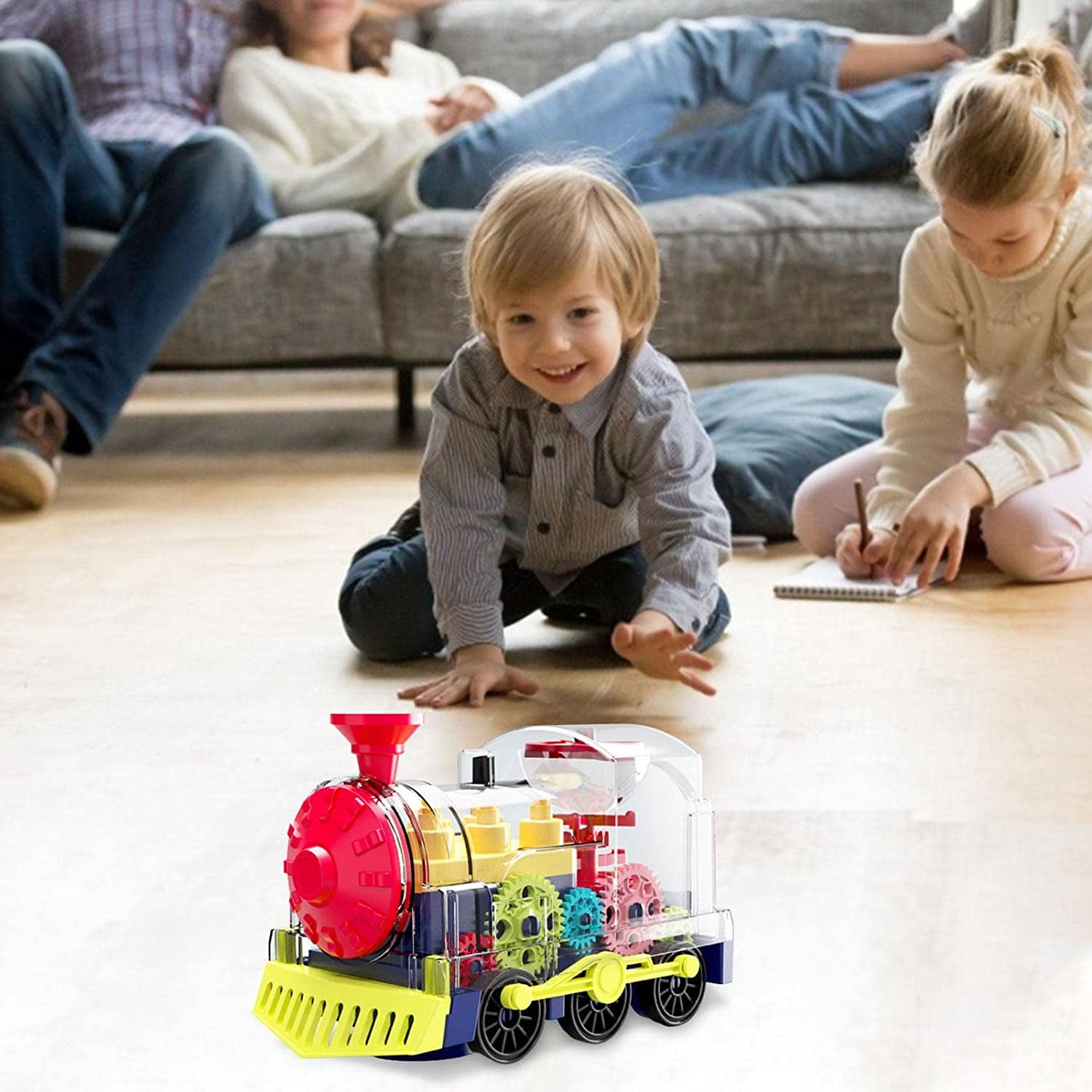Somnr Transparent Electric Gear Train Toy, Music Light Rotating Toy Train with Battery Operated, Children's Birthday Gift Educational Gear Toy for Kids Toddlers