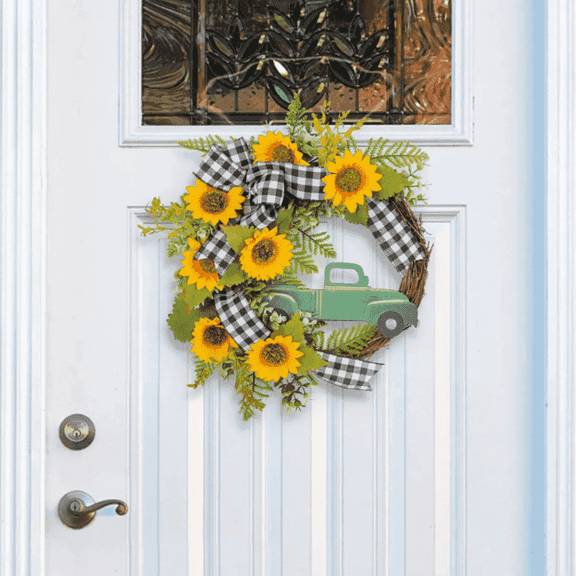 8 Side Decorative Artificial Sunflower Wreath, Home and Door Decor, Green, 1 Count
