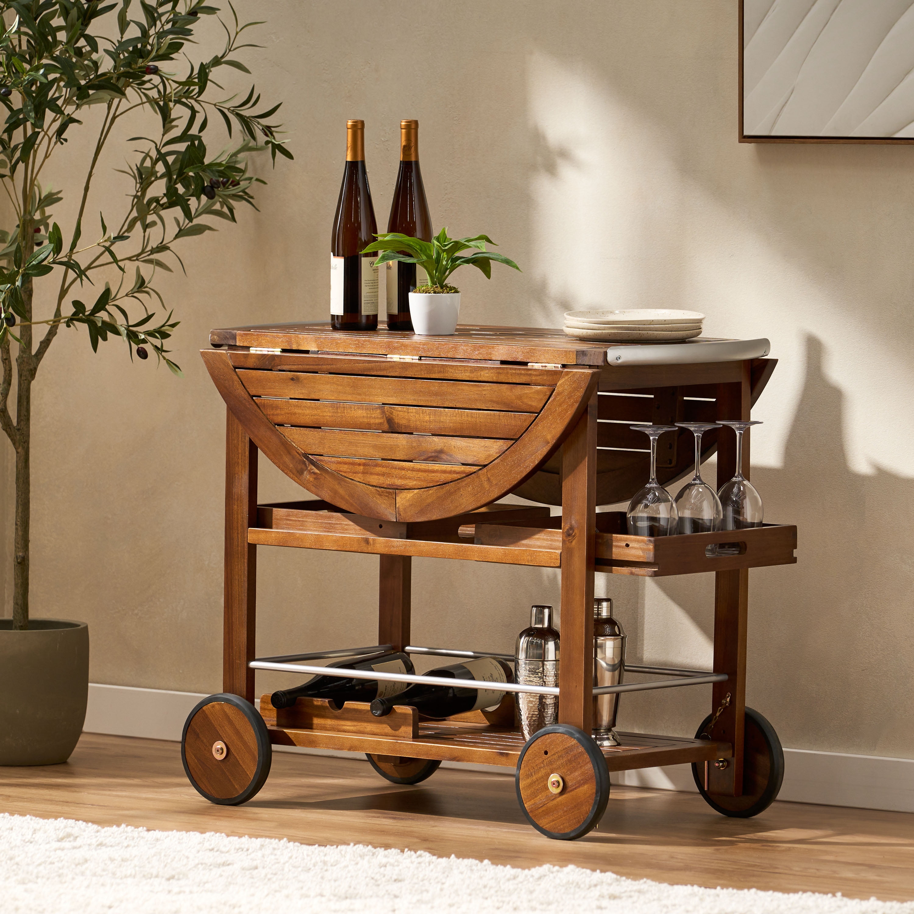 Euroco Outdoor Bar Cart with Drop Leaf Top, Removable Serving Trays, Bottle Storage, and Lockable Wheels, Weather-Resistant Wood and Aluminum Rolling Beverage Cart – Modern Industrial Style