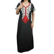 Mogul Womens Black Kaftan Nightgown Embroidered Maxi Dress Cotton Caftan Nightdress Lounger L