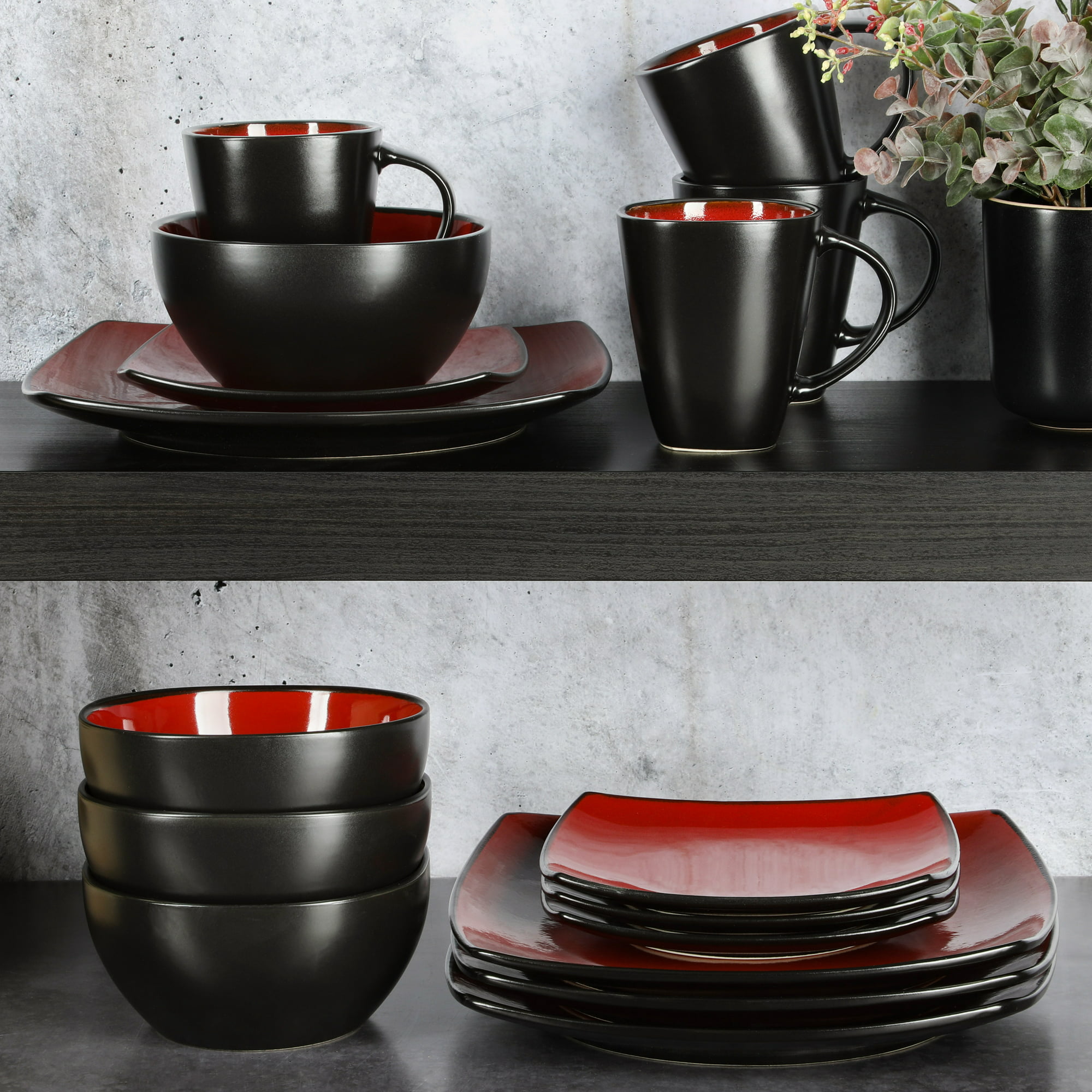 Gibson Soho Lounge 16-Piece Square Stoneware Dinnerware Set in Red – Modern Red and Black Dish Set for Stylish Dining, Microwave & Dishwasher Safe