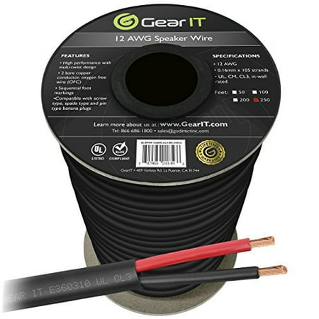 12 Gauge CL3 OFC Speaker Wire, GearIT Pro Series 12AWG (250 Feet / 76.2 Meters / Black) Oxygen Free Copper UL CL3 Rated In-Wall Speaker Wire Cable for Home Theater, Car Audio, and Outdoor