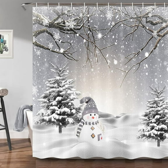 Winter Christmas Shower Curtain, Cute Snowman Snowflake Scene Shower Curtains for Bathroom, Pine Tree Covered Snow Fabric Bath Curtains Set with Hooks, 72X72in