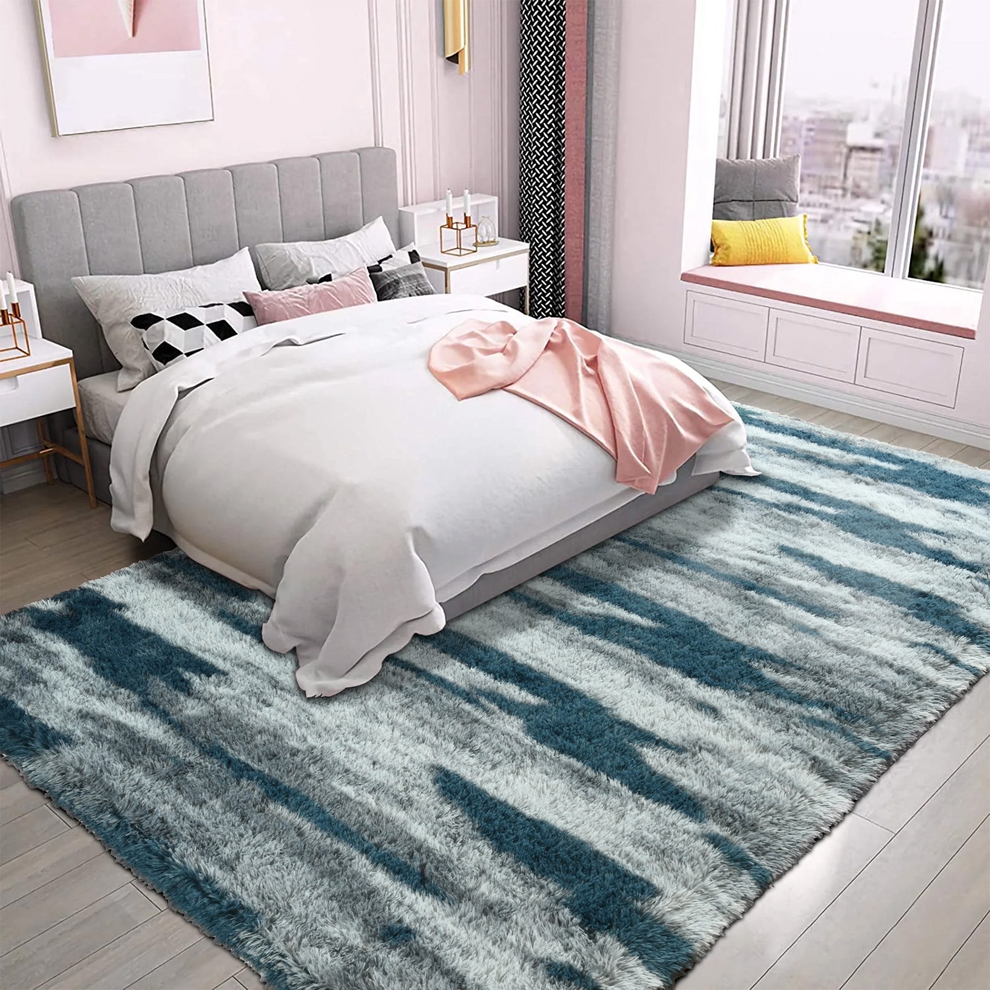 Arogan 6x9 Feet Area Rugs for Living Room Bedroom, Blue Soft Fluffy Shaggy Bedside Carpet, Machine Washable Indoor Floor Rug for Kids Home Decor Aesthetic
