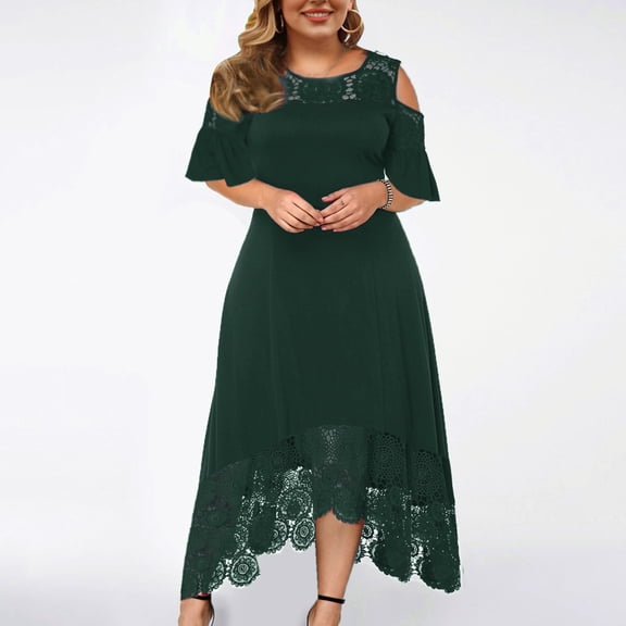 Brilliant Dresses for Women Clearance Clothes $5.00 Women's Casual Solid Color Plus Size Round-Neck Sexy Lace Short Sleeve Holiday Party/Green