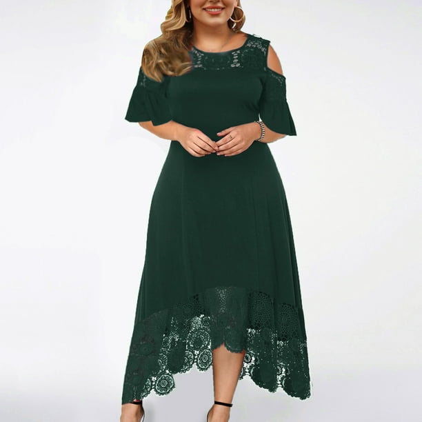 Fesfesfes Plus Dress for Women Casual Solid Color Plus Size Round-Neck Sexy  Lace Short Sleeve Loose Pullover Dress 