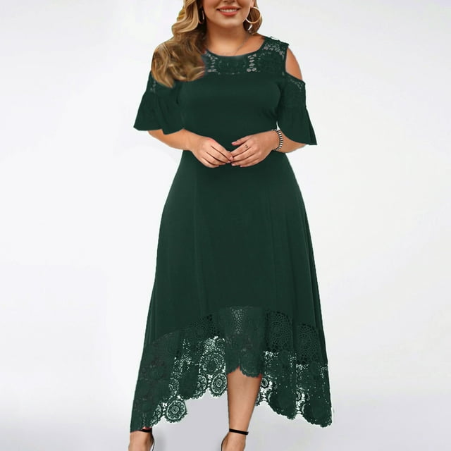Robes d'Été pour Femmes 2023 Mode Décontractée Tendance Couleur Unie Grande Taille Col Rond Sexy Dentelle Manches Courtes Robe Ample Robe de Plage pour Femmes en Solde
