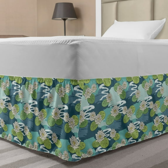 Floral Bed Skirt, Water Lily Flowers and Leaves on Wetland Themed Background Colored in Cold Tones, Elastic Bedskirt Dust Ruffle Wrap Around for Bedding Decor, 4 Sizes, Multicolor, by Ambesonne