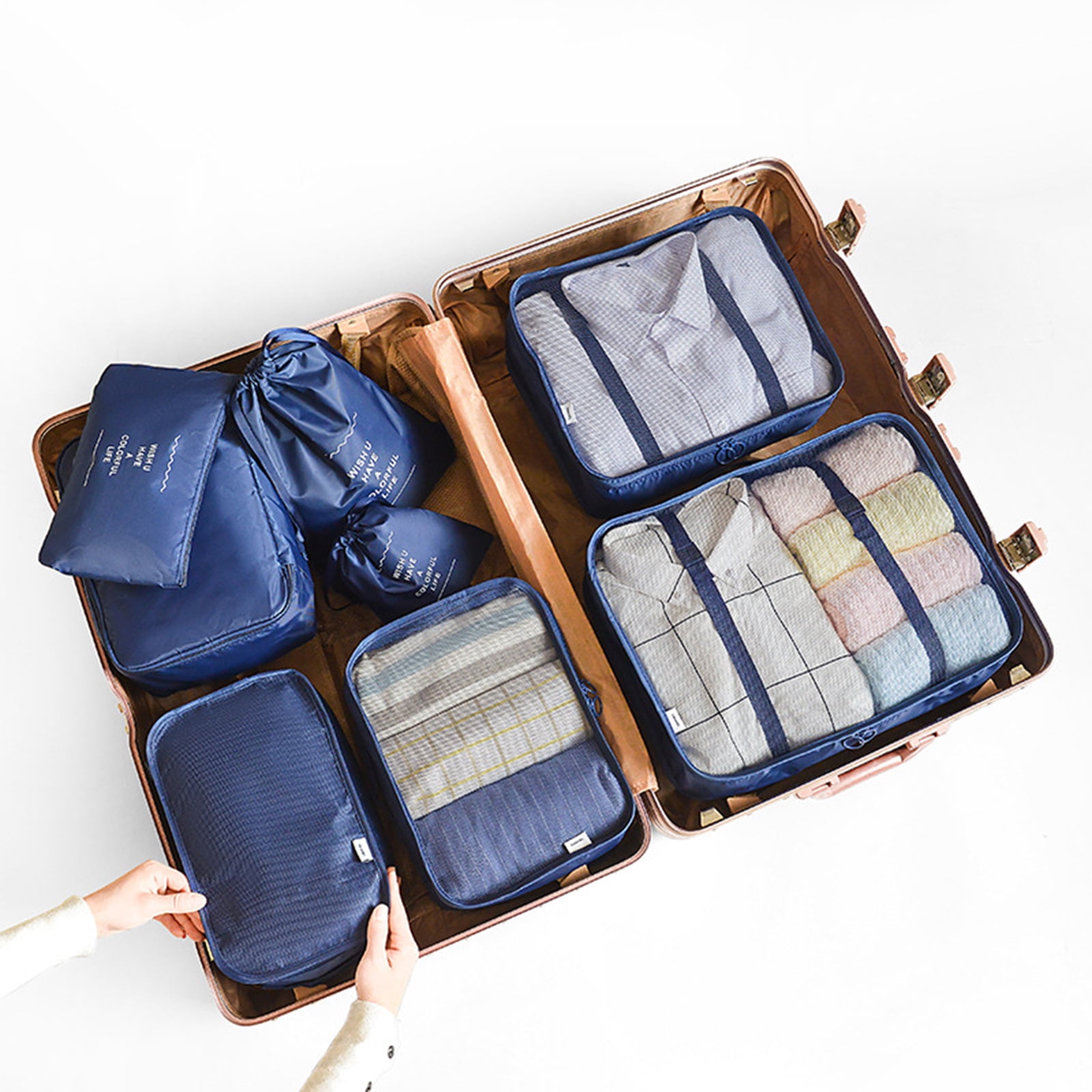Travel Cubes Packing Bags Set Waterproof Luggage Compression Pouches Zipper  Travel Accessories Navy 