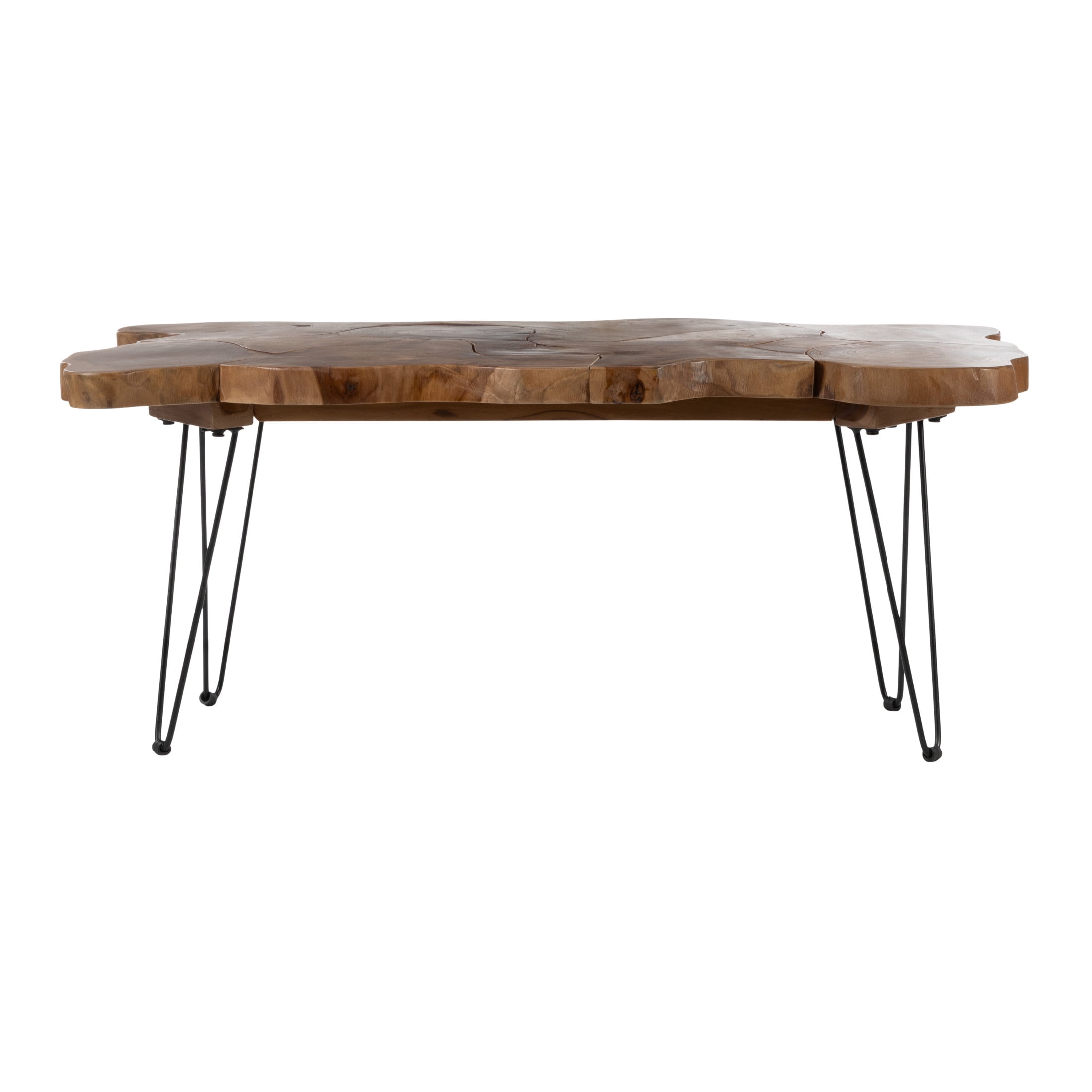 DecMode 43" x 19" Brown Teak Wood Handmade Live Edge Coffee Table with Black Hairpin Legs, 1-Piece