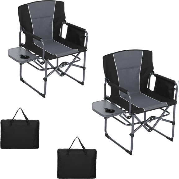 Kicctian 2 Pack  Folding Directors Camping Chairs with Side Table, Heavy Duty 400 lbs Capacity Portable Outdoor Lawn Chair , Cup Holder & Storage Pocket for Beach, Fishing, Picnic,Black