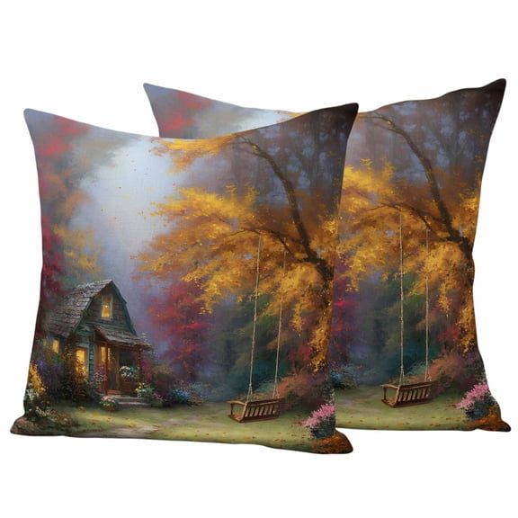 Country Forest Outdoor Waterproof Pillow Covers, Fall Farmhouse Trees Cabin Nature Scenery Decorative Square Throw Pillowcase Sofa Cushion Sham for Patio/Couch/Chair, 24"x24" 2 Pack