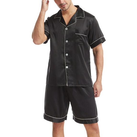 Hanerdun Men 2PCS Pajamas Set Male Button Homewear Summer Loungewear Black L