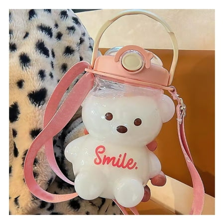 

Bear Water Bottle With Straw Strap Cartoon Clear Anti-Leak Chlidren Water Bottle Pink 1000ml