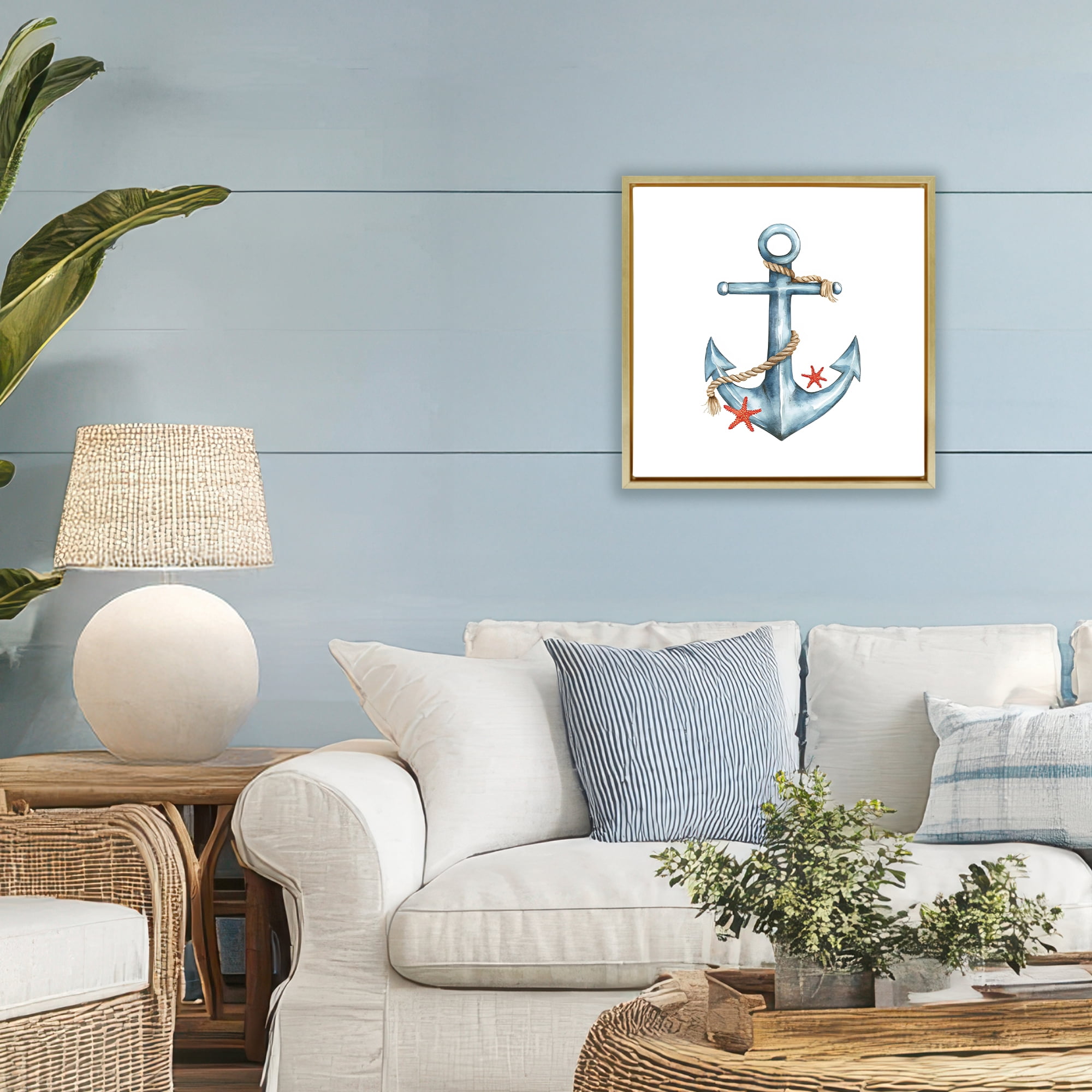 Stupell Industries Cute Sailor Anchor with Starfish Gold Framed Floater Canvas Wall Art, design by LSR Design Studio