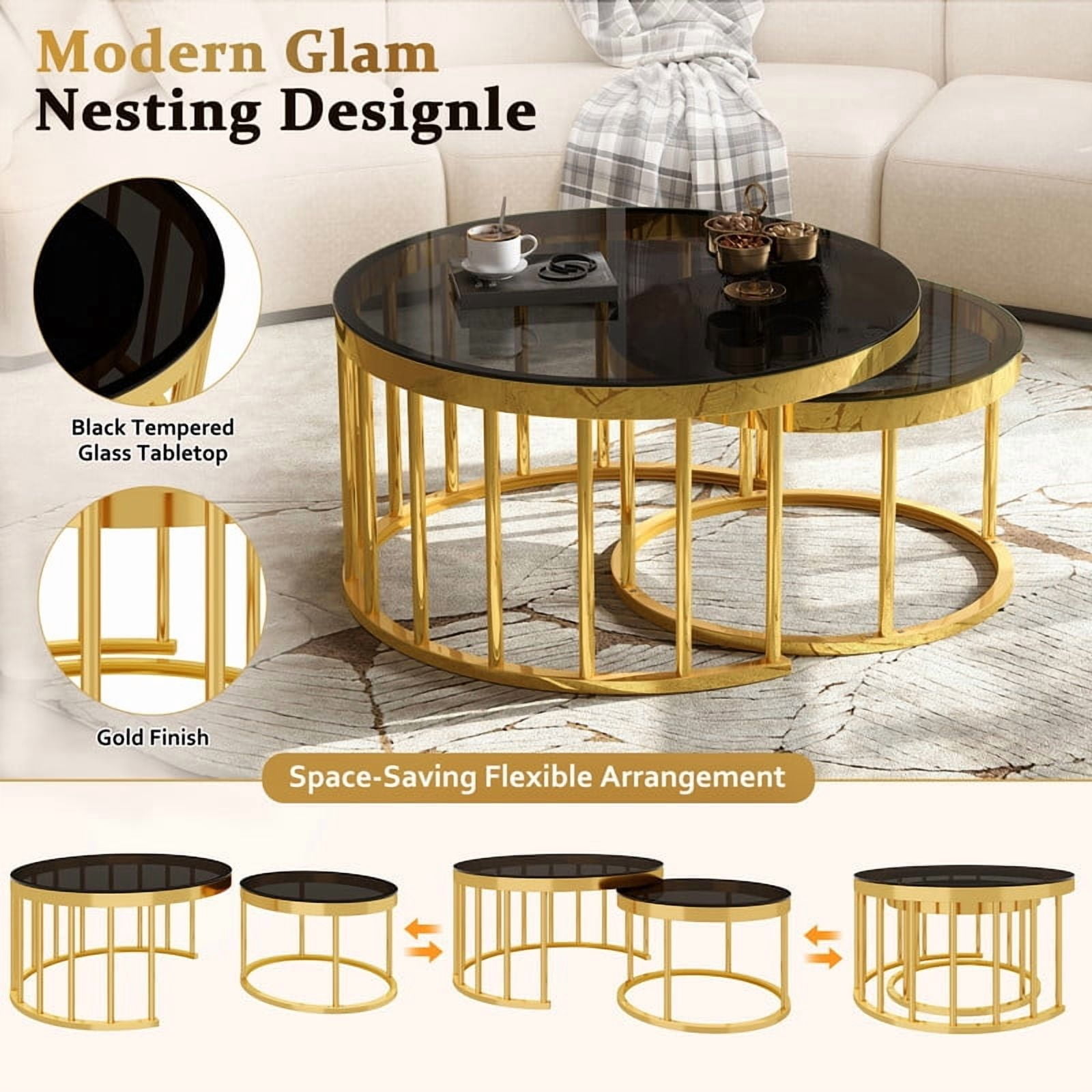 Round Nesting Coffee Table Set of 2, Modern Golden Metal Frame Accent Circular Cocktail Table with Mirrored Table Top