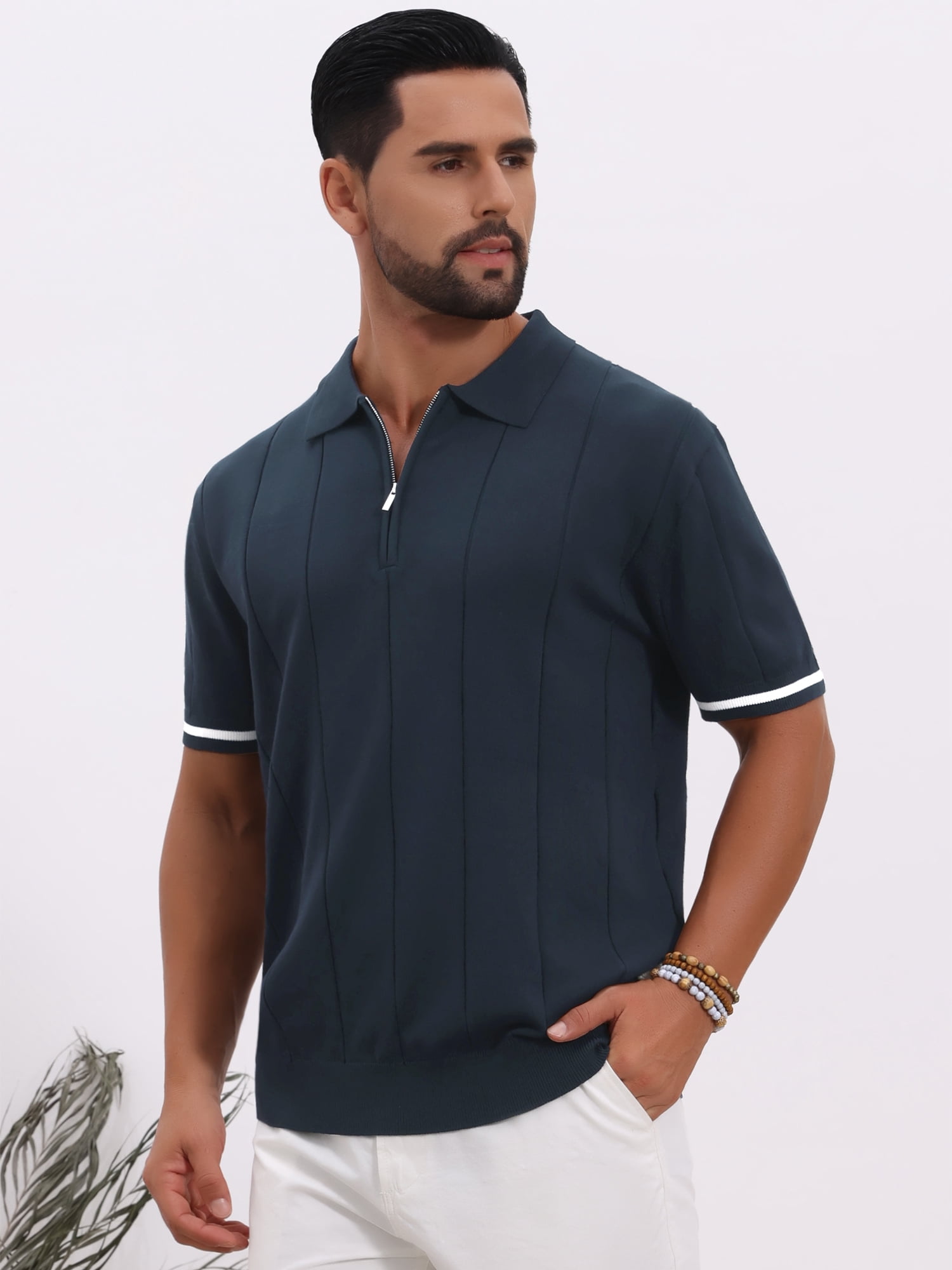 DARING DIVA Men's Textured Zip Up Ribbed Hem Short Sleeve Golf Polo Shirts S Navy Blue