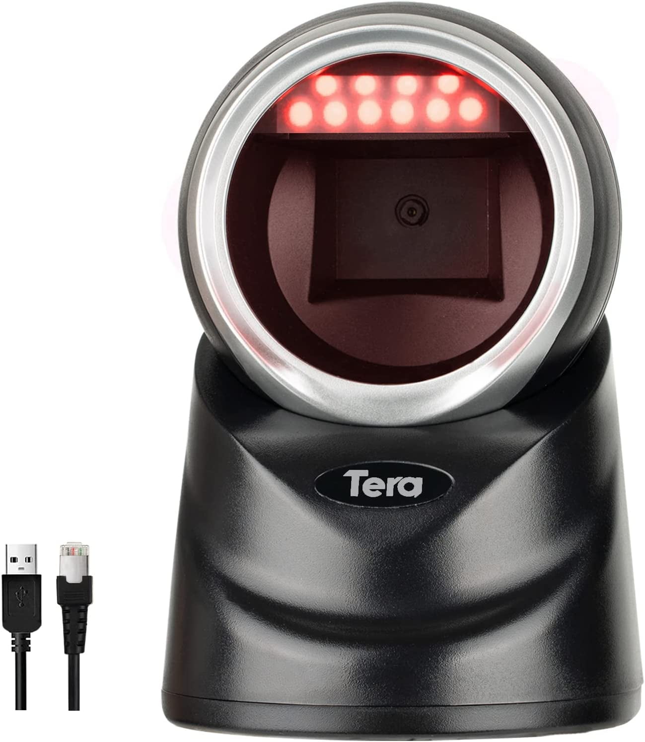 Tera 2D QR Omnidirectional Desktop Barcode Scanner (Attachable & Stable) Hands Free USB Wired Platform Bar Code Reader for POS System Supermarket Retail Store Shop Warehouse Screen Payment 9300