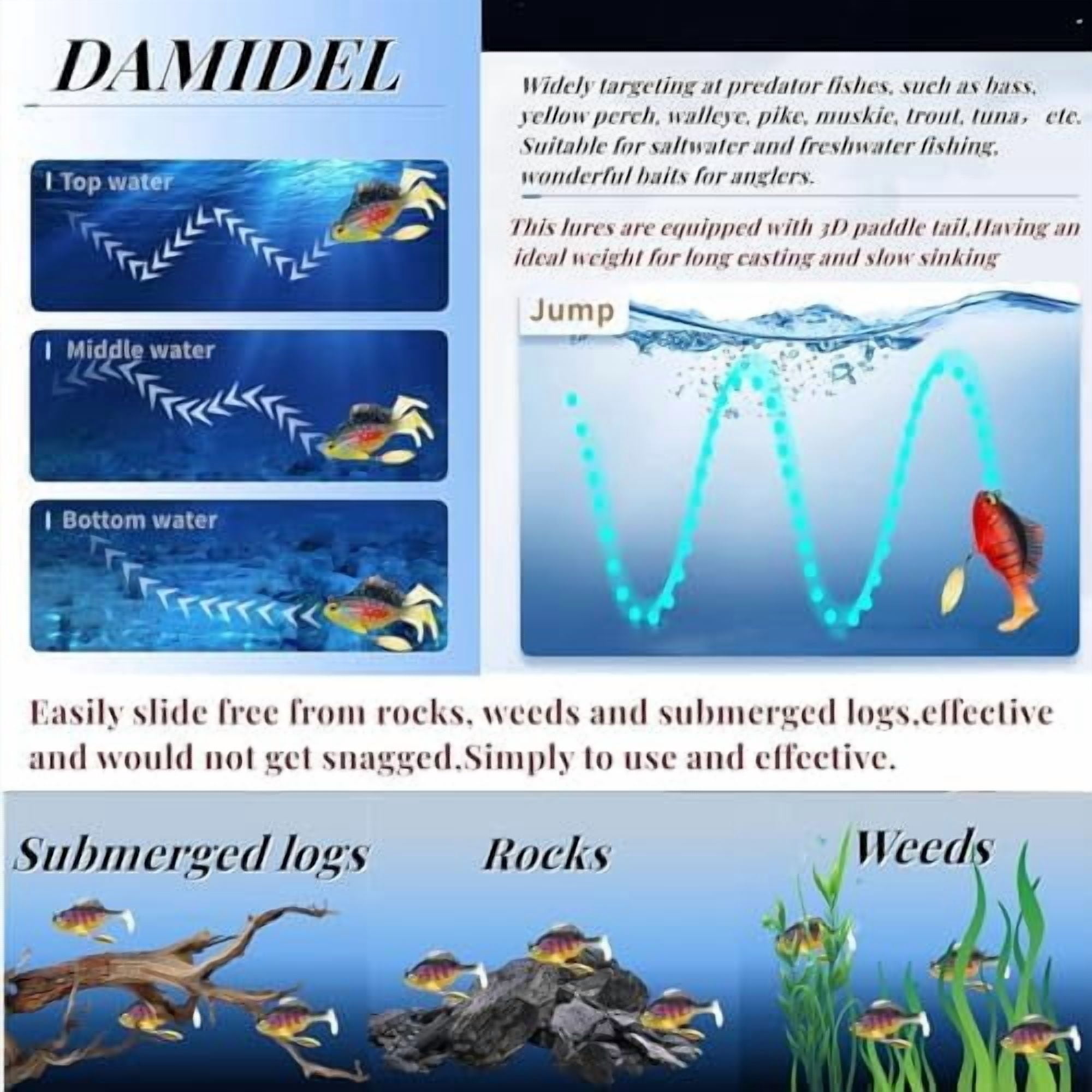 6Pcs Pre-Rigged Jig Head Soft Fishing Lures，Paddle Tail Swimbaits/3D Eyes/Spinner Blades for Bass Fishing,Hidden Ultra-Sharp Hook in The top fin,Fishing Bait for Freshwater Saltwater
