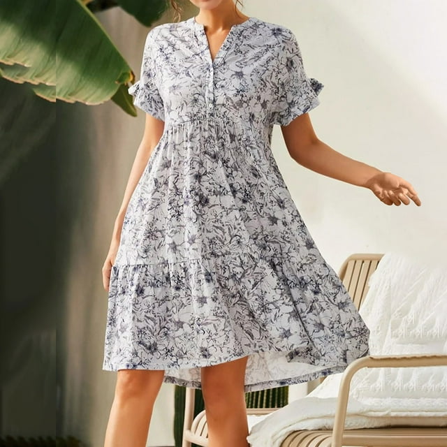 SMihono Robes Bohèmes d'Été pour Femmes Grande Taille Mode d'Été Robe Longue Ample Manches Courtes Col Rond Asymétrique Évasée à Étages Robe Longue de Plage