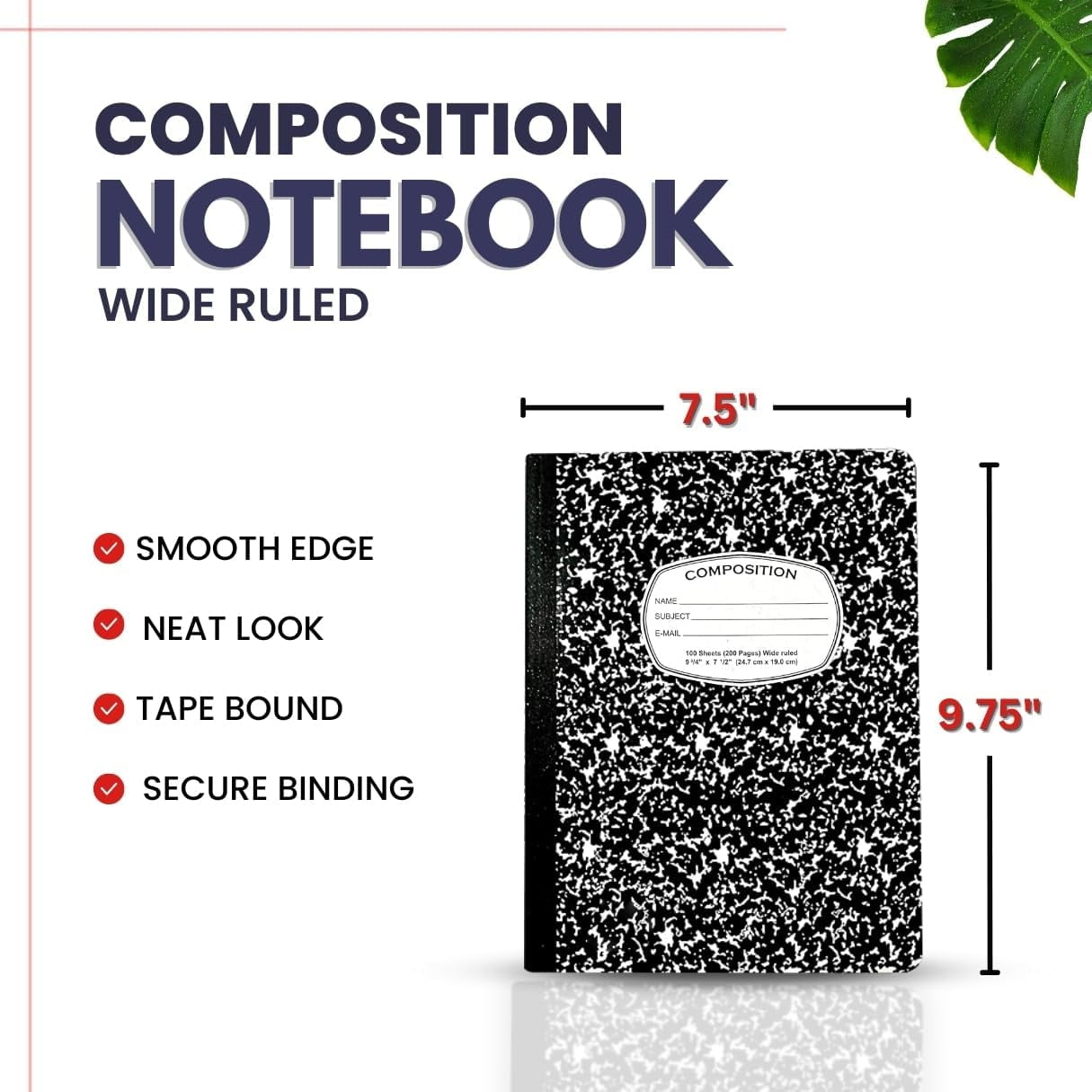 AUKSales Composition Book Wide Ruled 100 Sheet Black Marble Notebook, 6-Pack