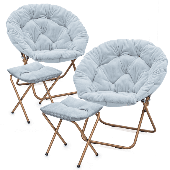 Monibloom Round Folding Faux Fur Saucer Chair with Ottoman for Adults, Bedroom, Living Room, Dorm, Metal Frame Thick Padded, Blue (2-Pack)