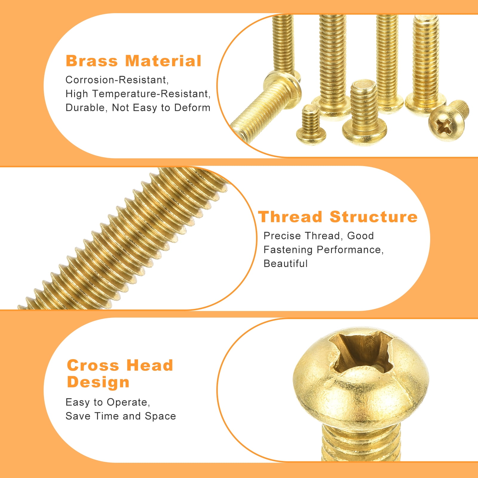 60Pcs Brass Machine Screws, M6x12mm Phillips Pan Head Fastener Machinery Bolts